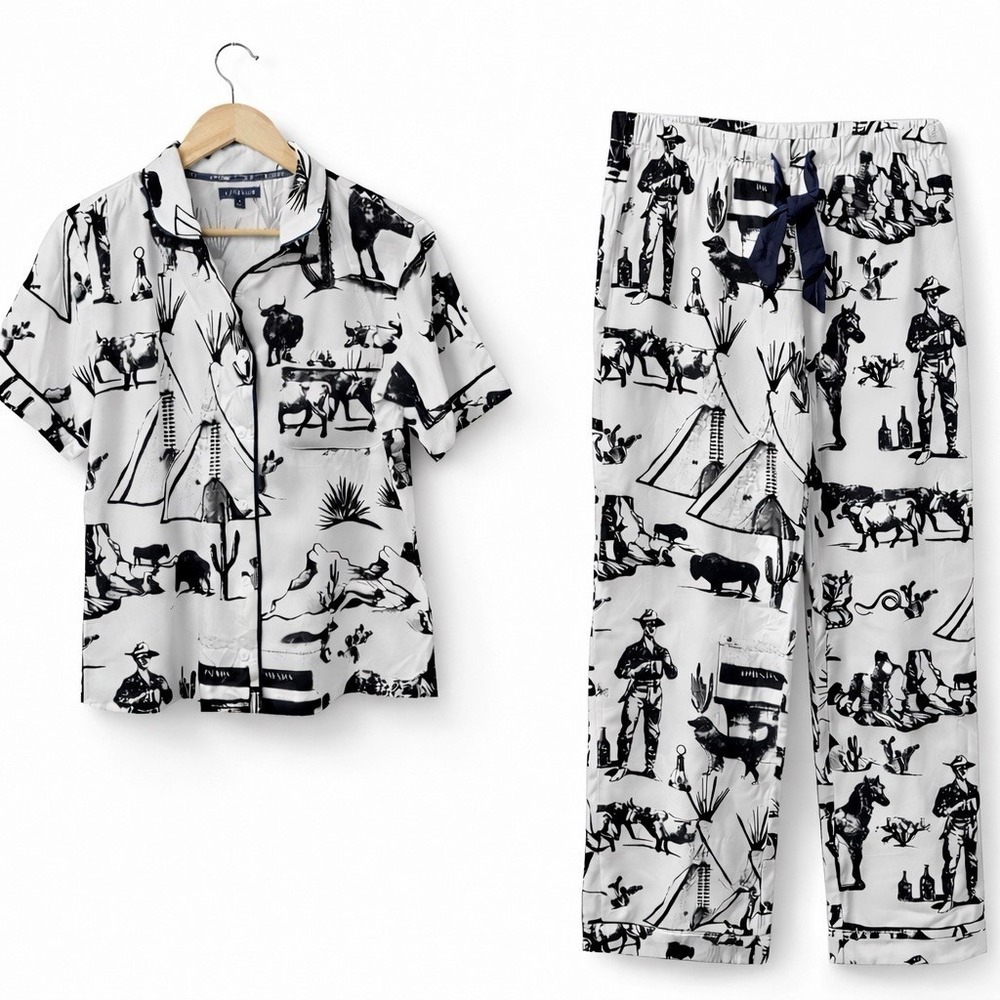 Katie Kime Marfa Texas Toile Pajama Pants Set White & Black Cowboy Western Sz S